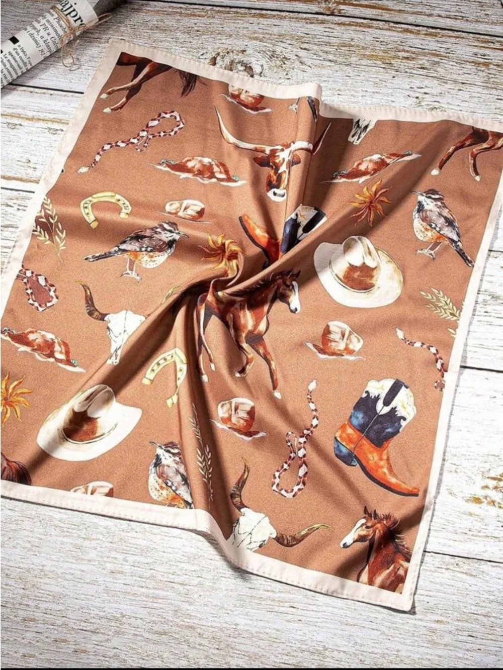 Silky Brown Western Print Bandana Scarf